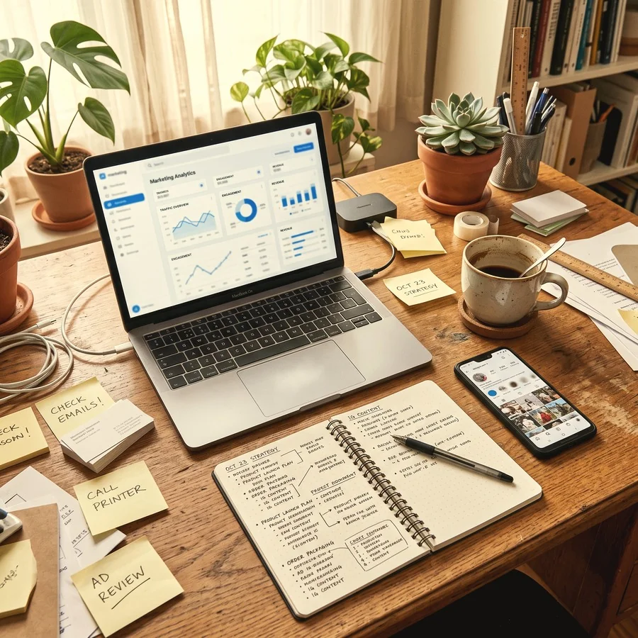 Mesa de trabalho com laptop mostrando métricas e celular com rede social aberta